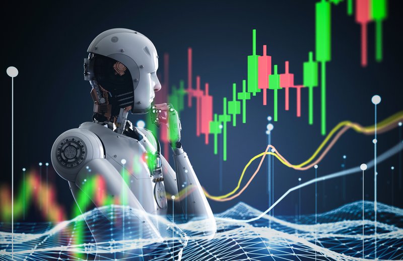 concept of an AI trading bot analyzing market data